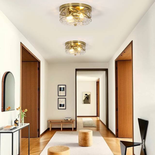 2-Light Flush Mount Glass Ceiling Light with Metal Frame - N/A
