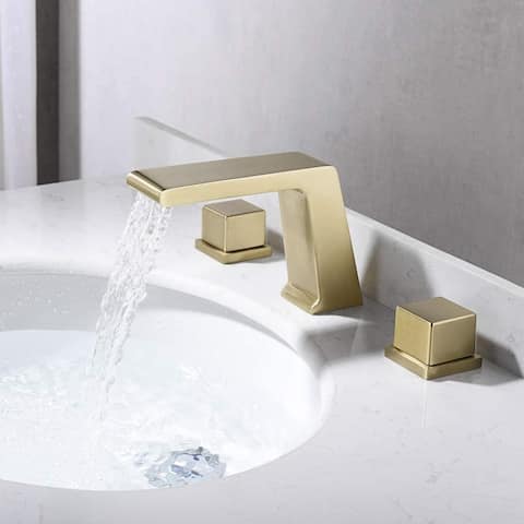 Brushed Gold 3 holes two handles Waterfall bathroom Sink Faucet with brass pop up overflow Drain