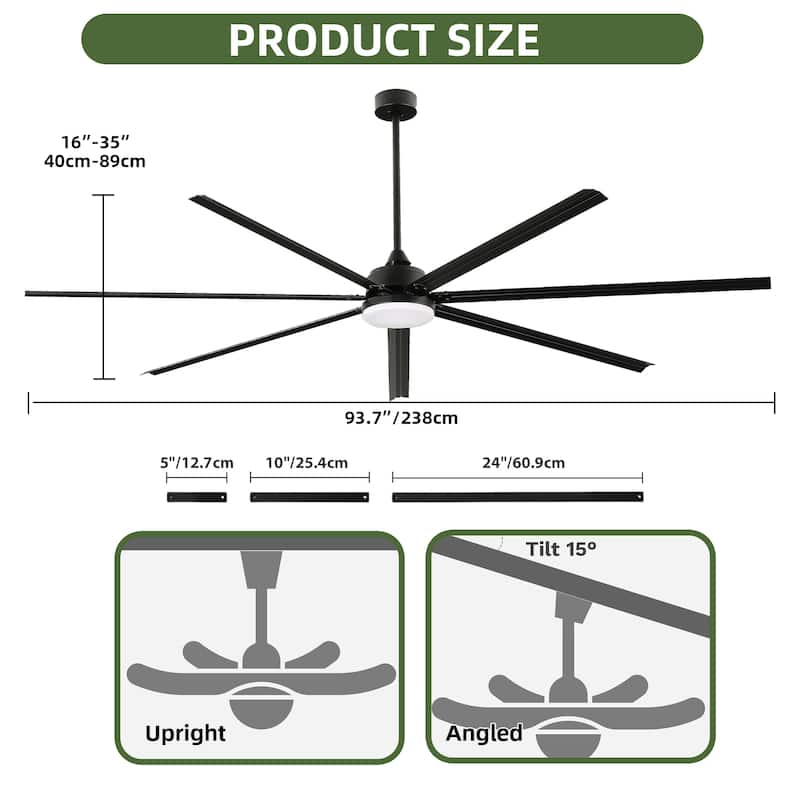 96 Inch Industrial Ceiling Fan with Light 7 Aluminum Blades and 6 Speed Remote Black