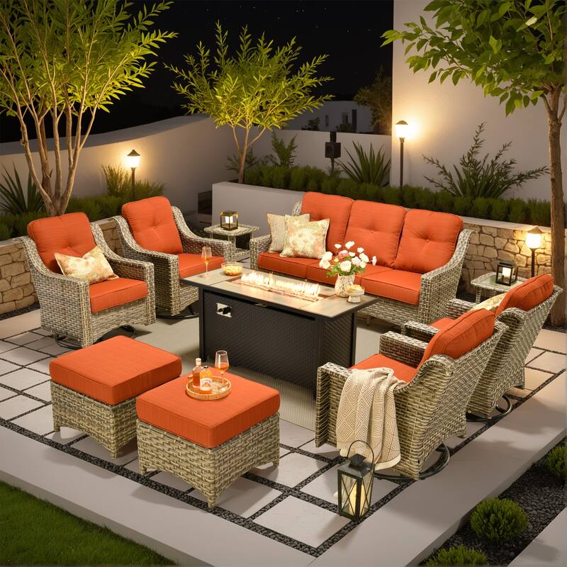 OVIOS 10-piece Patio Wicker Swivel Rocking Chair Set With Fire Pit - Orange/Red