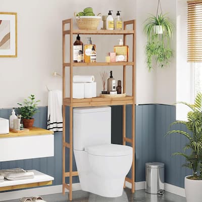 Kinbor 64"&66" Bamboo Over-The-Toilet Organizer Rack, Freestanding Bathroom Storage Shelf with Adjustable Shelf for Bathroom