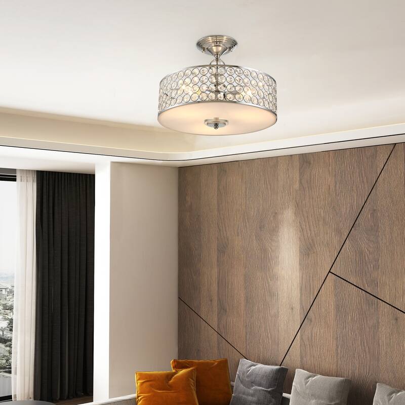 HOMCOM Chandelier Pendant Light Lamp with Crystal Ball Pole, Drum Shaped Shade, Ceiling-Connecting Metal Base, Silver