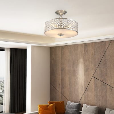 HOMCOM Chandelier Pendant Light Lamp with Crystal Ball Pole, Drum Shaped Shade, Ceiling-Connecting Metal Base, Silver