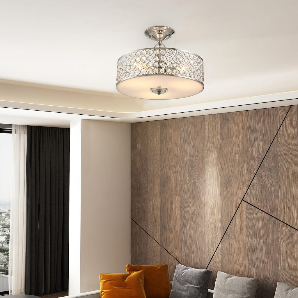 HOMCOM Chandelier Pendant Light Lamp with Crystal Ball Pole, Drum Shaped Shade, Ceiling-Connecting Metal Base, Silver