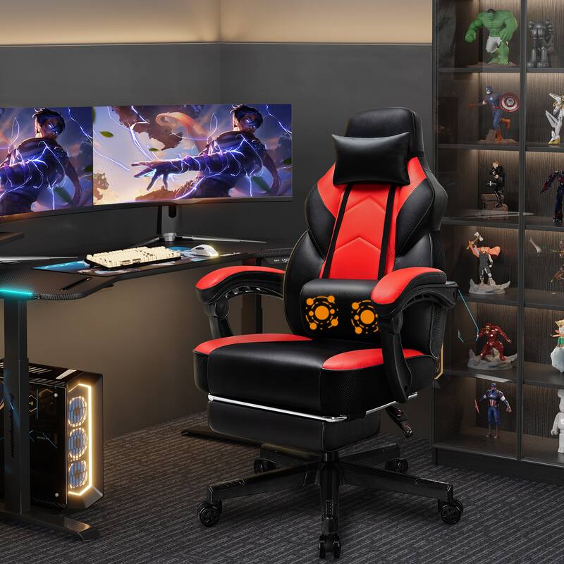 Adjustable Comfortable Game Chair Swiveling PC & Racing with Footrest - Red