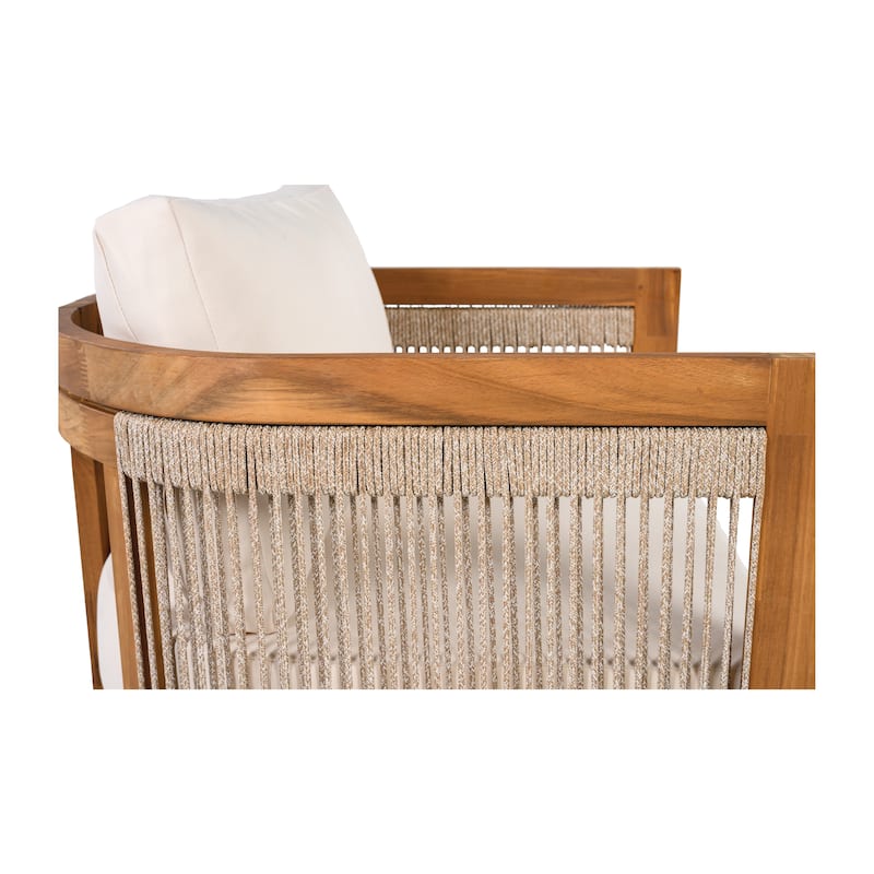 Premium Acacia Wood Outdoor Club Chair, Curved Tub Design with Woven Rope Accents, Water-Resistant Cushions