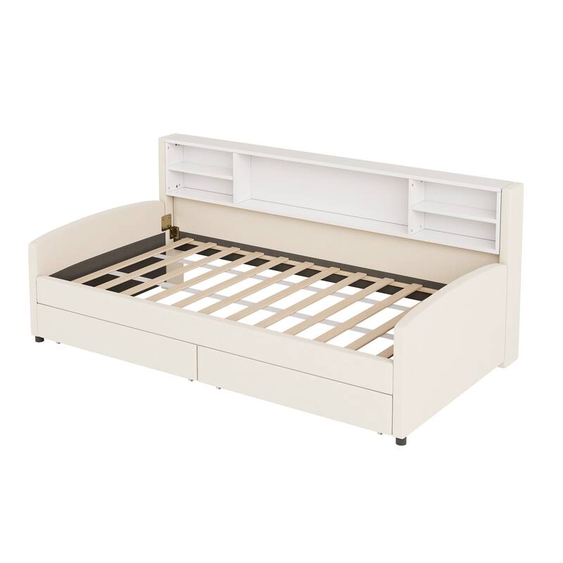 Twin size Upholstered Platform Bed with Storage and Drawers, Beige