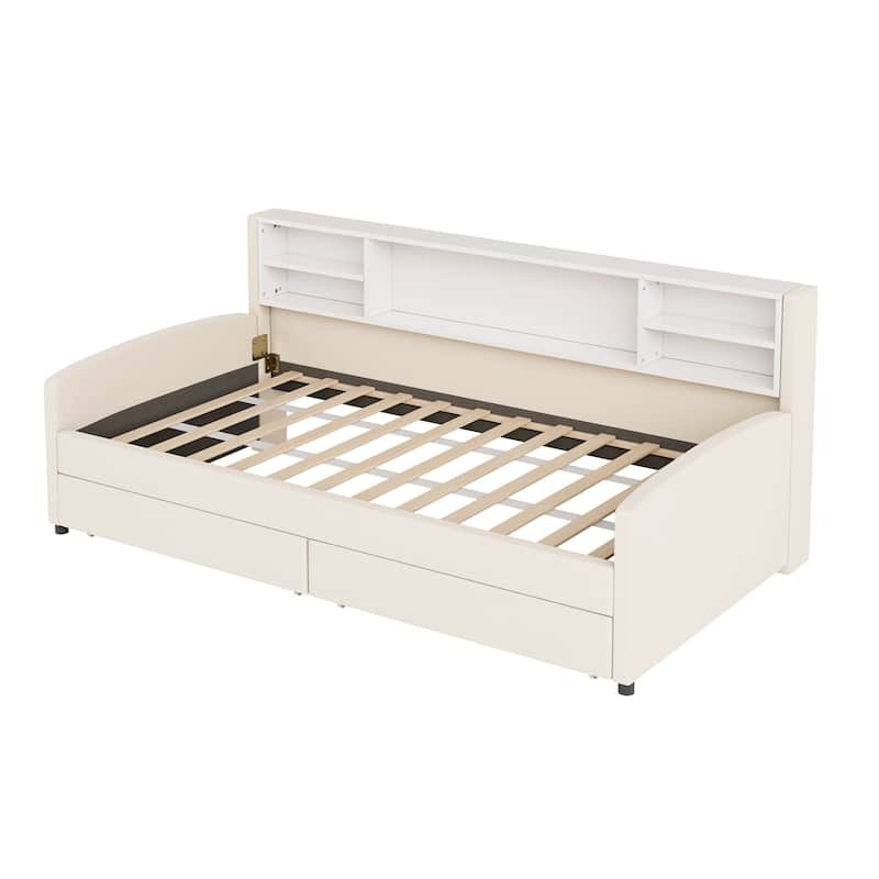 Wood Daybed Frame Velvet Upholstered Platform Bed, Low Profile Panel Bed with Bookcase & Drawers