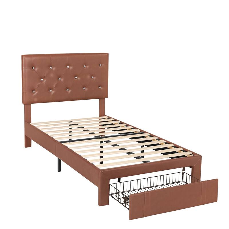 VECELO Bed Frame with Storage Drawers Leather Upholstered with Diamond Tufted Headboard Solid Wood Slat Support - Brown - Twin