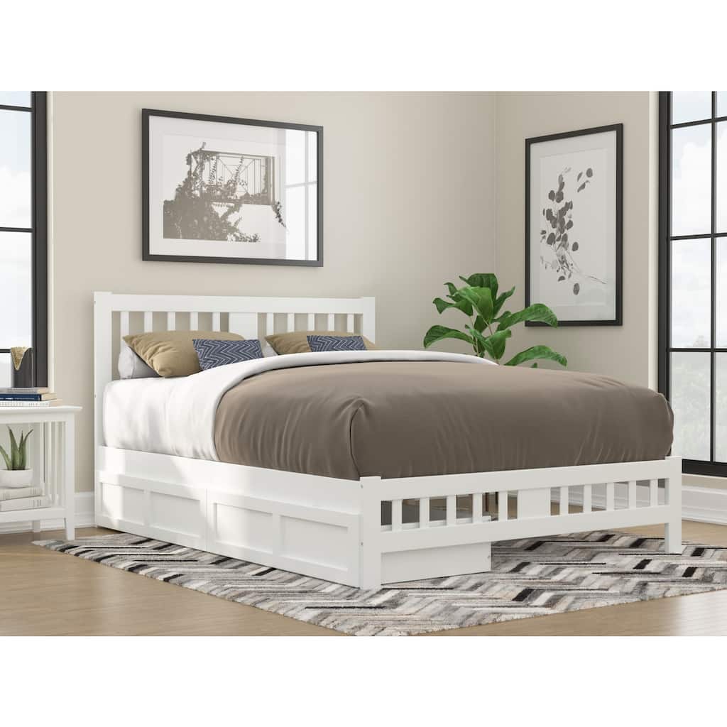 Zen Zone Bed with Footboard & Drawers - Solid Wood Platform Bed Frame - White Finish