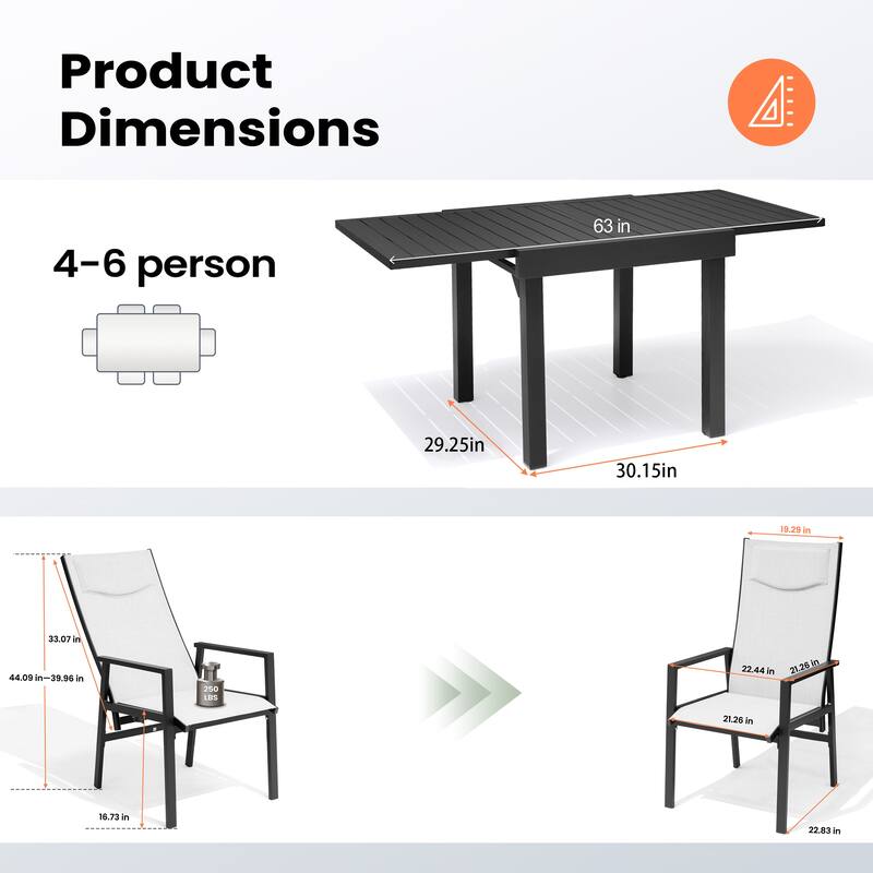 5-PC Outdoor Patio Aluminum Dining Sets Rectangular Expandable Table with Adjustable Dining Chairs