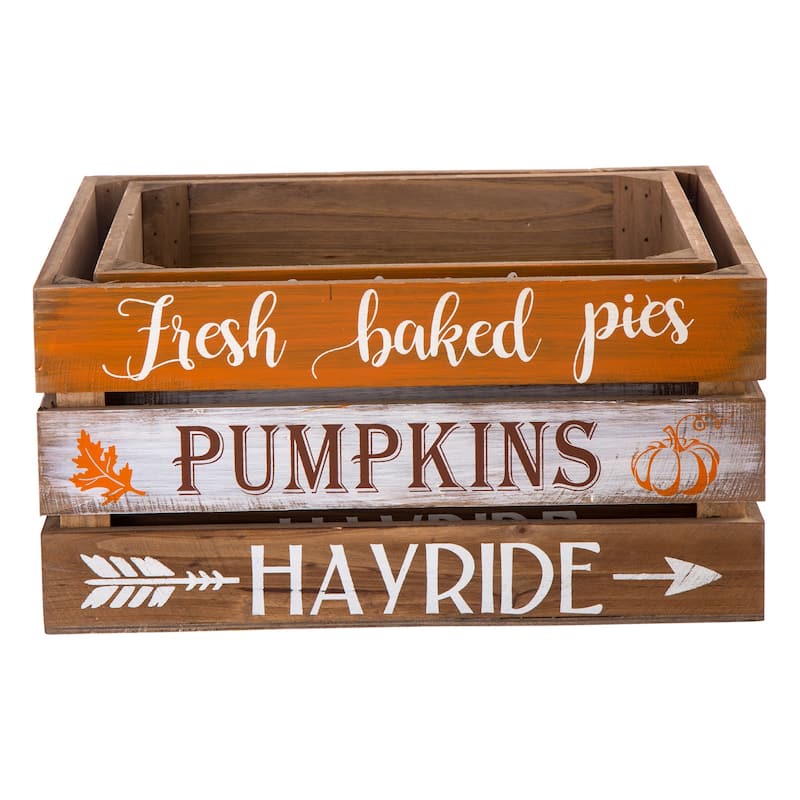 Glitzhome Set of 2 Fall Harvest Wood Crate Farmhouse Autumn Decorative Storage Gift Boxes Porch Decor