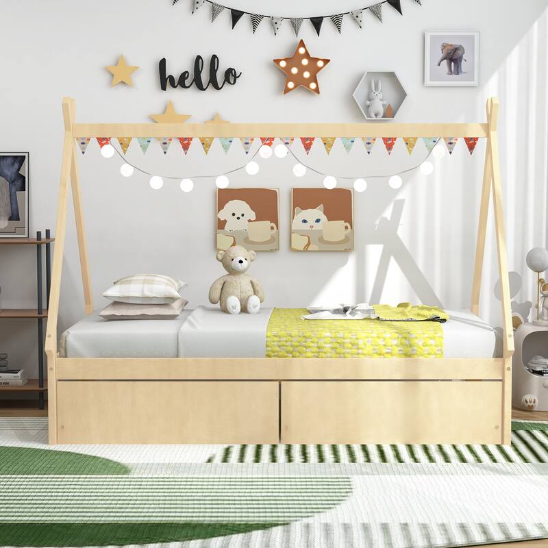 Kids Twin Size Wooden House-Shaped Platform Bed with Storage Drawers for Boys and Girls