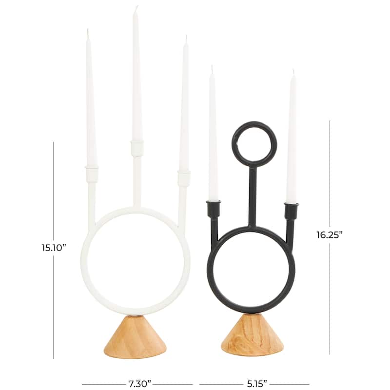 Metal Abstract Circular Ring Candle Holder with Wooden Cone Bases - Set of 2 Black - Roche River Decor - 5"W x 7"L x 15"H