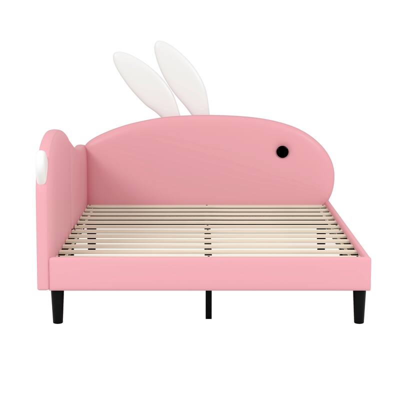 Pink Kids Bed Lovely Rabbit-Shape Daybed with Soft Backrest and Rabbit-ear Headboard, Platform Daybed Frame for Kids' Rooms