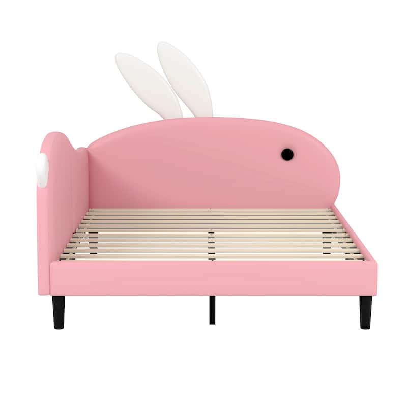 Rabbit-Shape Daybed, PU Upholstered Sofabed, Wood Platform Bed Frame, Kids Panel Bed