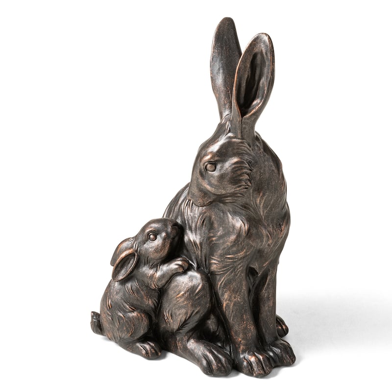 Glitzhome MGO Bronze Mom and Baby Rabbit Statue Standing Bunny Figurine
