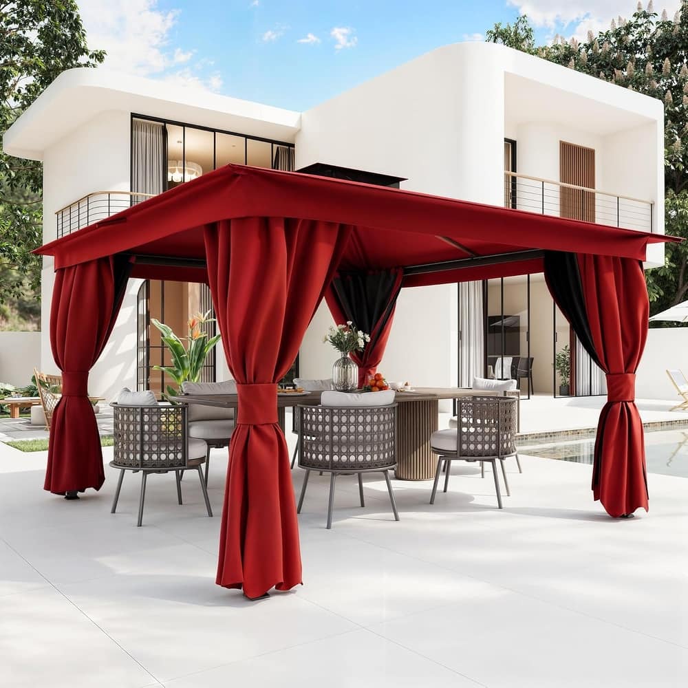 EROMMY Outdoor Gazebo with Double Roof, Heavy Duty Patio Canopy Tent with Netting and Curtains