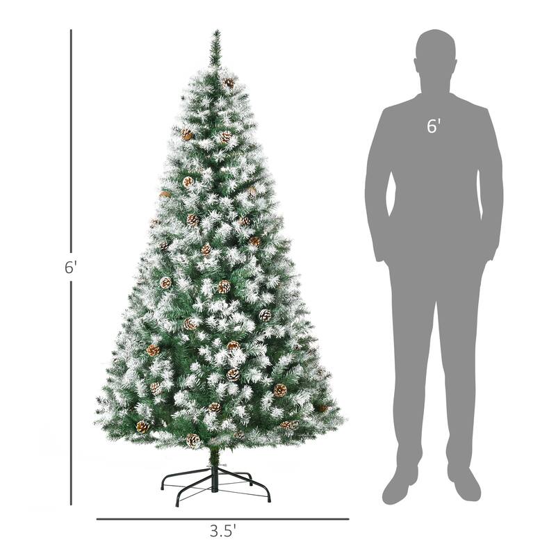 6ft Unlit Snow Flocked Christmas Tree with 61 Pine Cones and 800 Tips, Full Fir Design for Holiday Home Decor