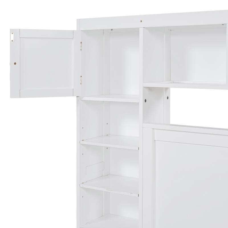 Queen Platform Bed Wood Slat Support Bed Frame with 4 Storage Drawers & Headboard All-in-One Cabinet, Shelf and Sockets, White