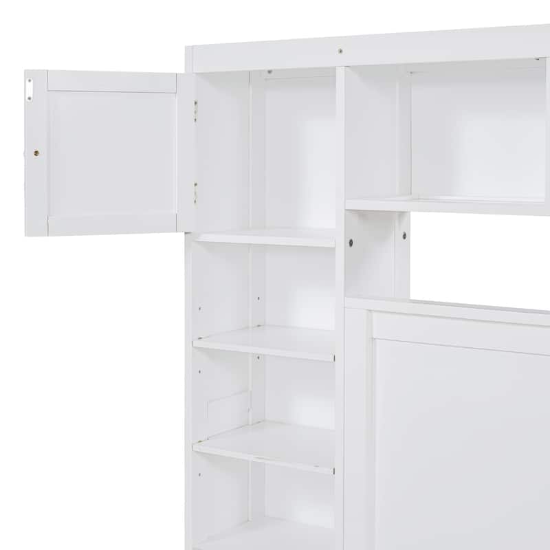 White Wooden Queen Size Bed With Integrated Storage Cabinet, Shelf, and Drawers, USB Ports