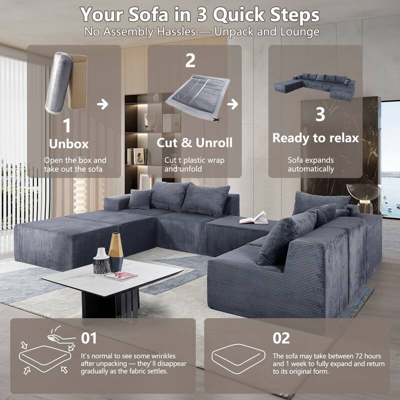 GDFStudio - 8-Piece Modular U-Shaped 155" Sectional Sofa with Chaise Lounge and Bed