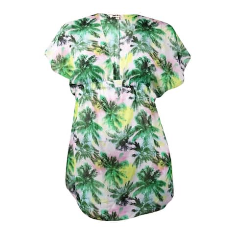 Miken Women's Tropical Palm V-Neck Chiffon Swim Cover (S, White/Jungle Green) - S