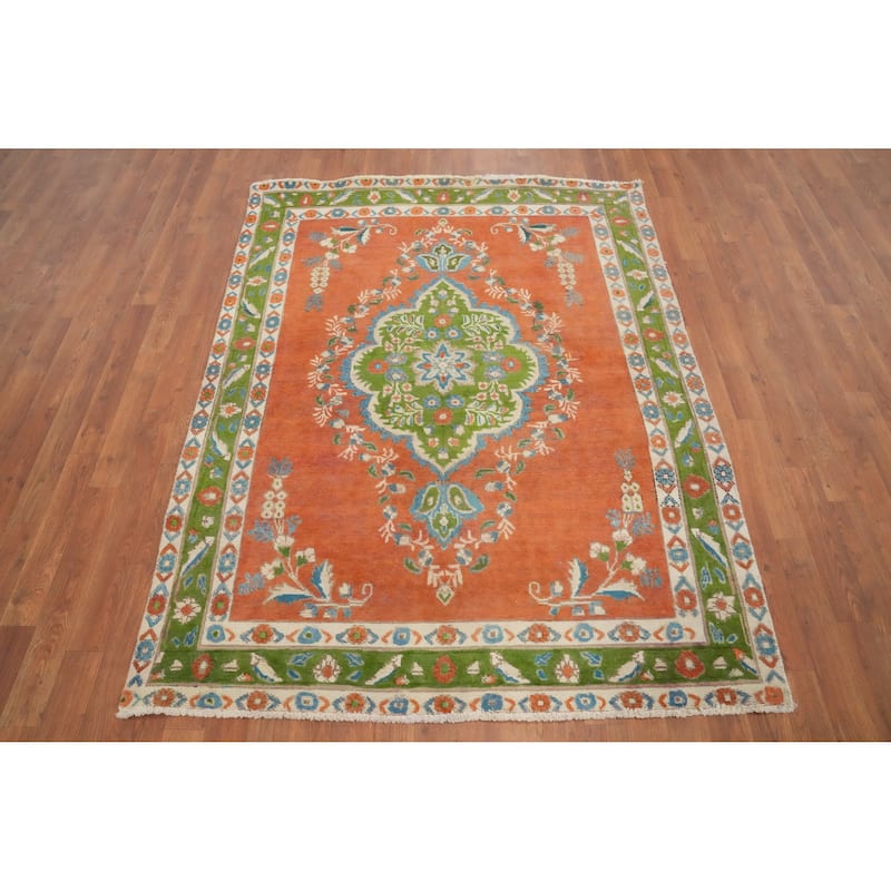 Hand Knotted Oriental 100% Wool Carpet Traditional Floral Oranges & Rust Tabriz Area Rug - 5' 10'' X 4' 6''