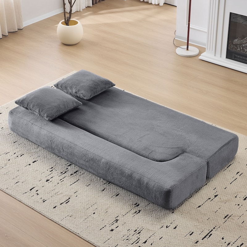 74.81" Faux Fur 3-in-1 3-Seater Floor Sofa, Converts to Bed with Memory Foam