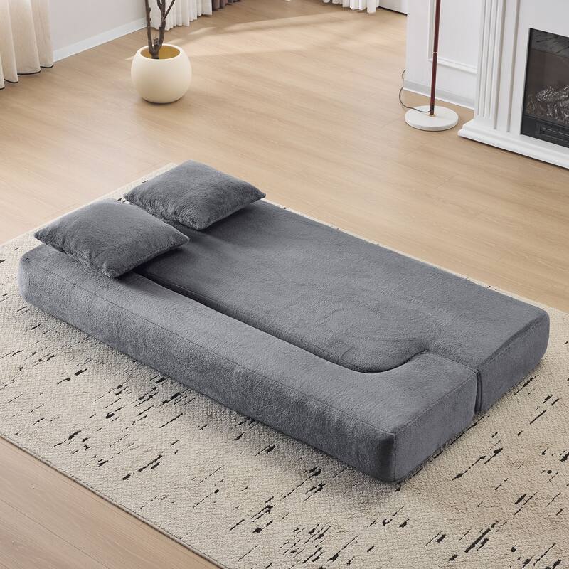 Transformable Sectional Sofa with 3 Ottomans - Fold-Out Bed, Light Grey Chenille Lounger in Faux Fur