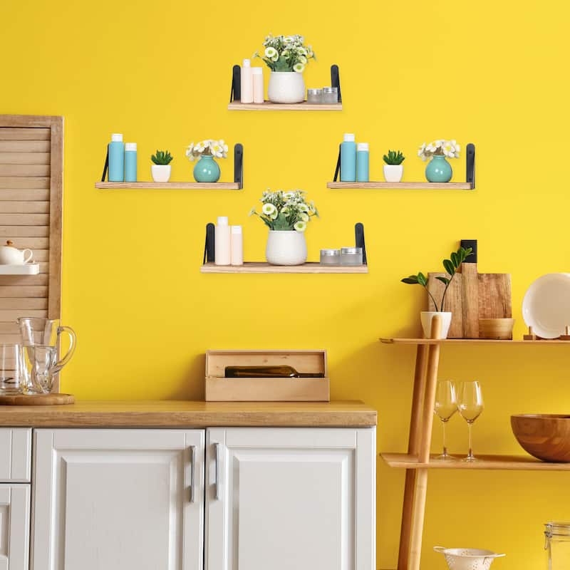 Wood Floating Shelves Set of 4, Wall Mounted Shelves for Bathroom Bedroom Living Room, and Kitchen Wall Decor 16.5*6.1in - Brown