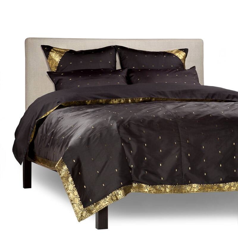 Black - 5 Piece Handmade Sari Duvet Cover Set with Pillow Covers / Euro Sham - Twin