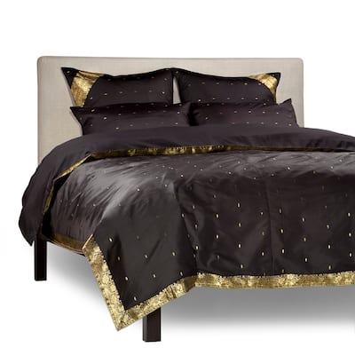 Black - 5 Piece Handmade Sari Duvet Cover Set with Pillow Covers / Euro Sham