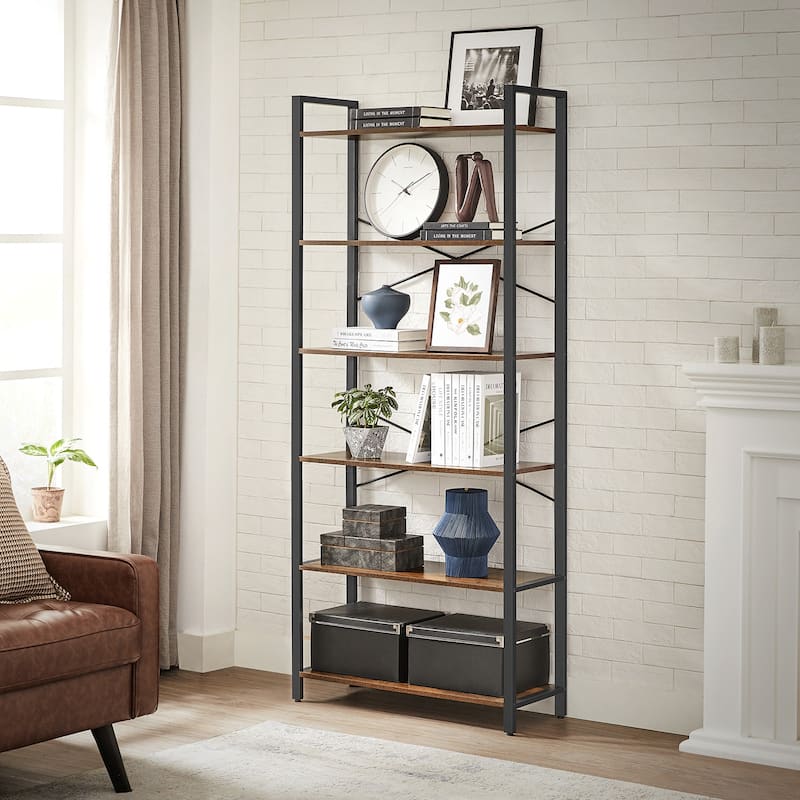 Rustic Brown and Black 6-Tier Industrial Bookshelf with Anti-Tip Kit - 31.5”L x 11.8”W x 73.2”H (80 x 30 x 186 cm)