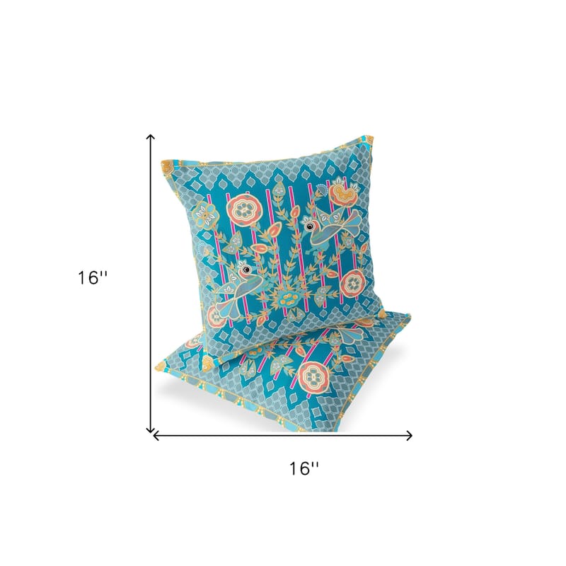 HomeRoots Set of Two 16" X 16" Blue and Gold Peacock Blown Seam Floral Indoor Outdoor Throw Pillow - 16.00' X '16.00' X '5.00