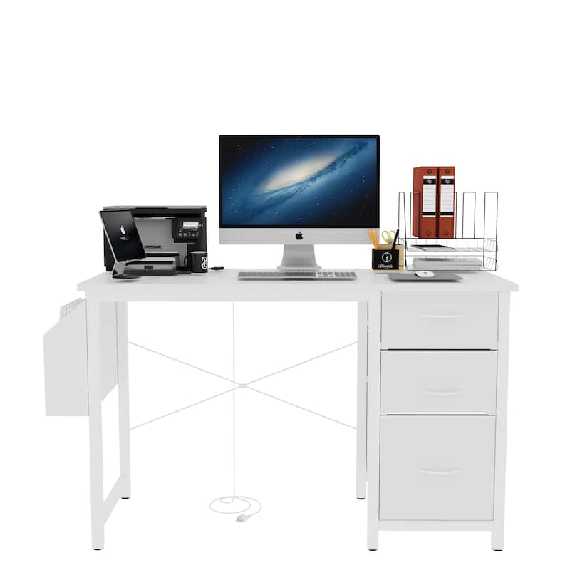 Computer Desk with 3 Drawers & Power Outlet, Home Office Desk with Side Pocket, Multifunctional Study Desk Gaming Desk