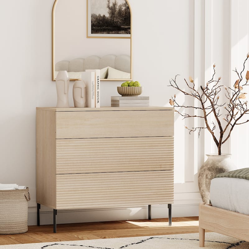 Modern Minimalist Wood Nightstand With 3 Drawers ,31.5" End Table,Reeded Design Bedside Table