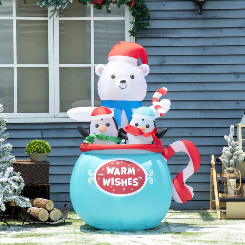 Outsunny 5ft Inflatable Christmas Blessed Polar Bear and Penguins in a Cup