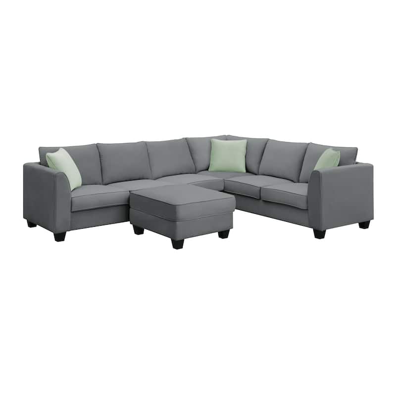 112'' Spacious L-Shaped 7 Seat Modular Sectional Sofa with Ottoman, 3 Pillows, Sturdy Wood and Iron Frame
