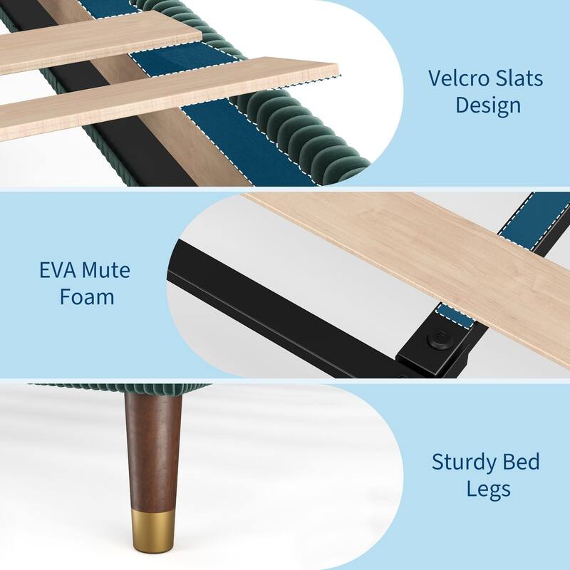 Upholstered Platform Bed Frame, Fabric Headboard and Wooden Slats