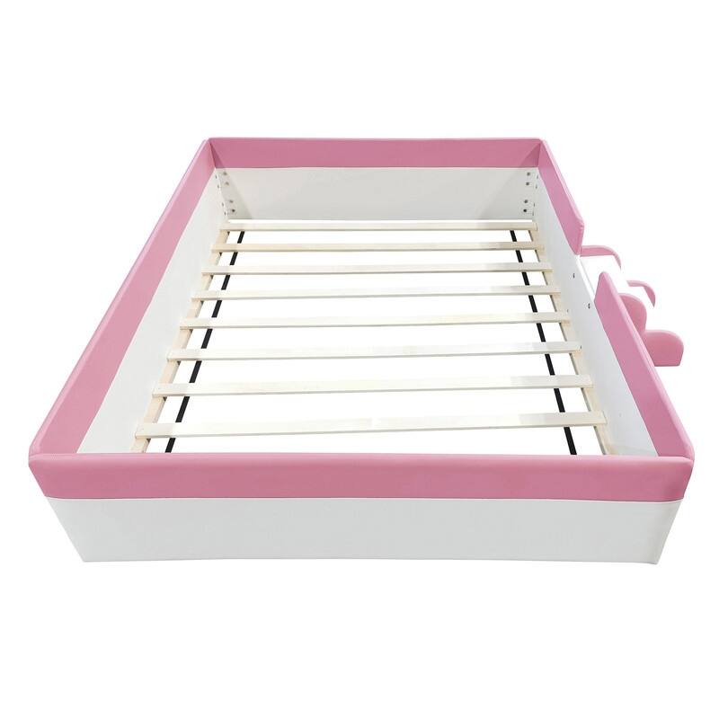 Twin/ Full/ Queen/ King Size Upholstered Kids Floor Bed Frame with Guardrail and Little Stairs, Soft PU Platform Bed