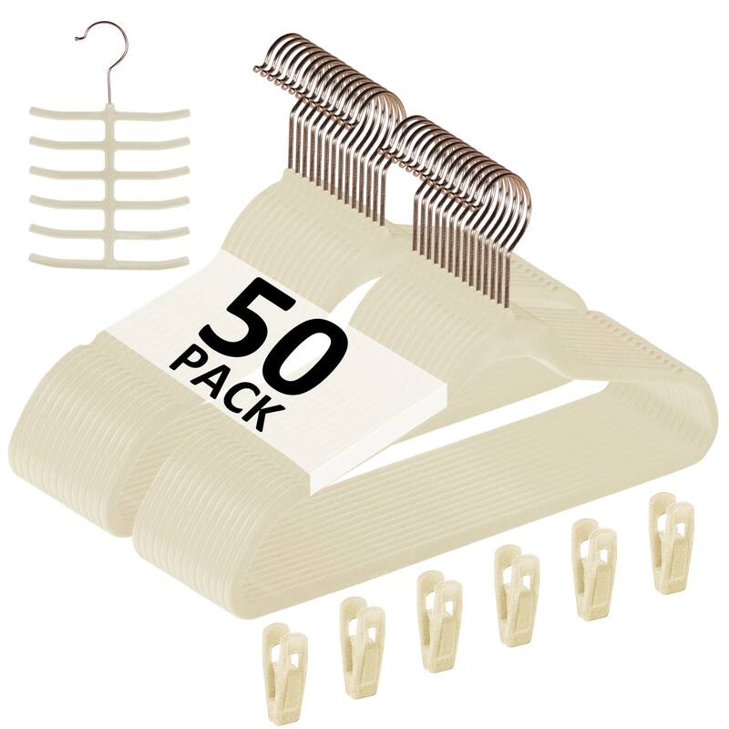 Javlergo 50/100 Pack Velvet Hangers, Heavy Duty Non Slip & Space-Saving Cloth Hangers with 6 Finger Clips & Tie Rack