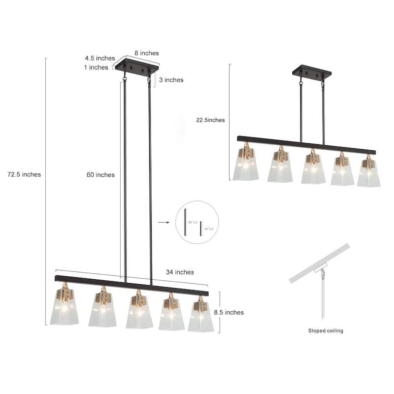 Luray Modern 5-Light Linear Glass Farmhouse Chandelier Brass Black Dining Room Island Lights - L34.2"*W3.54"*H8.7"