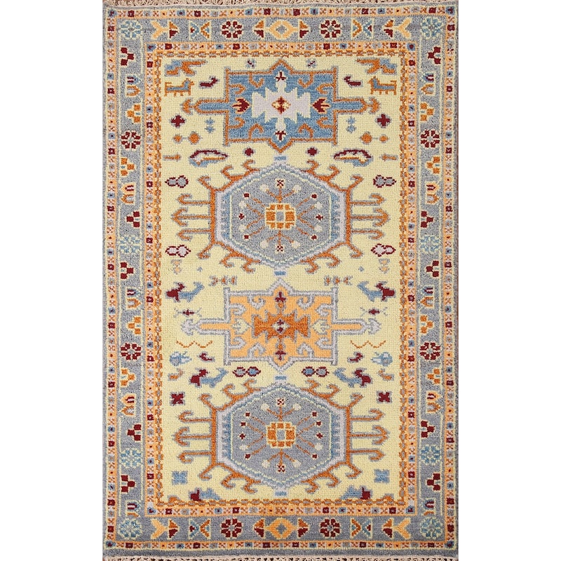 Geometric Kazak Accent Rug Hand-Knotted Wool Carpet - 3'0"x 5'0"