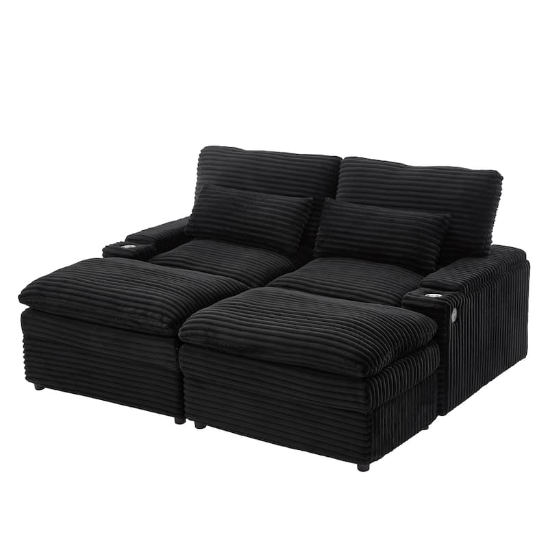 Corduroy Modular Sectional Sofa with USB Ports & Cup Holders, 2 Seat Couch Loveseat with 2 Ottomans Convertible Sleeper Sofa Bed