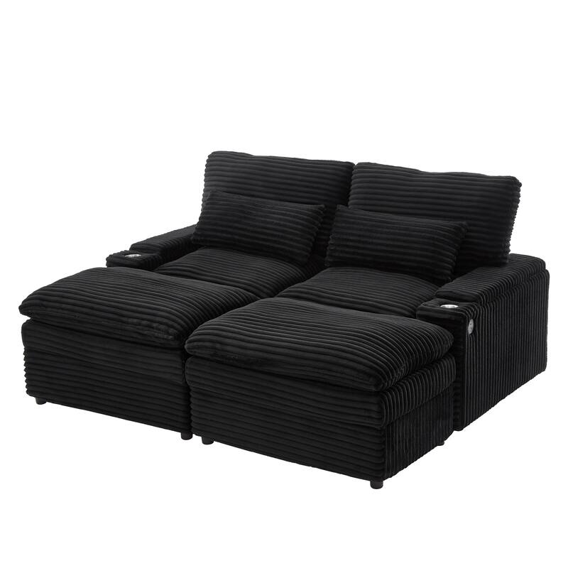 L-Shaped Corduroy Sectional Sofa w/ USB Ports & Cup Holders, 2-seater Sofa Loveseat w/ 2 Ottomans, Convertible Sleeper Sofa Bed