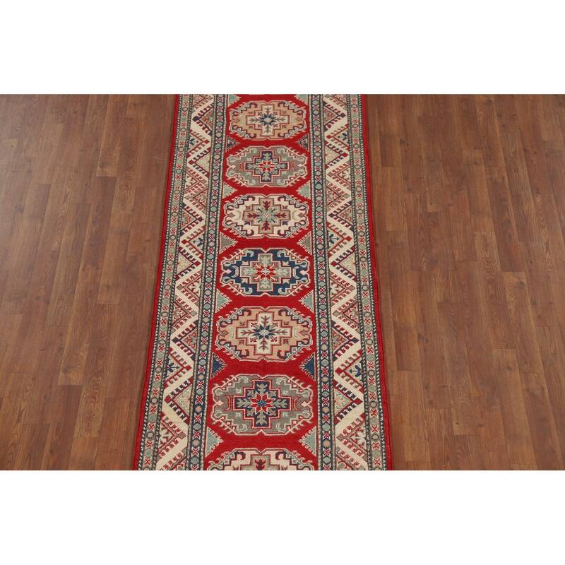 Red Geometric Kazak Oriental Runner Rug Hand-Knotted Foyer Wool Carpet - 2'9" x 10'9"