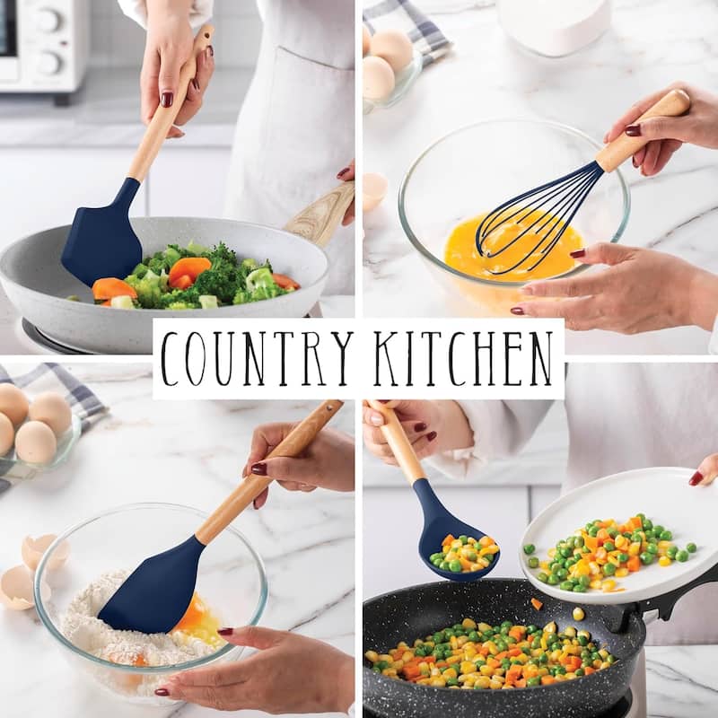 Country Kitchen Non Stick Silicone Utensil Set with Rounded Wood Handles for Cooking and Baking, 14 Piece Set