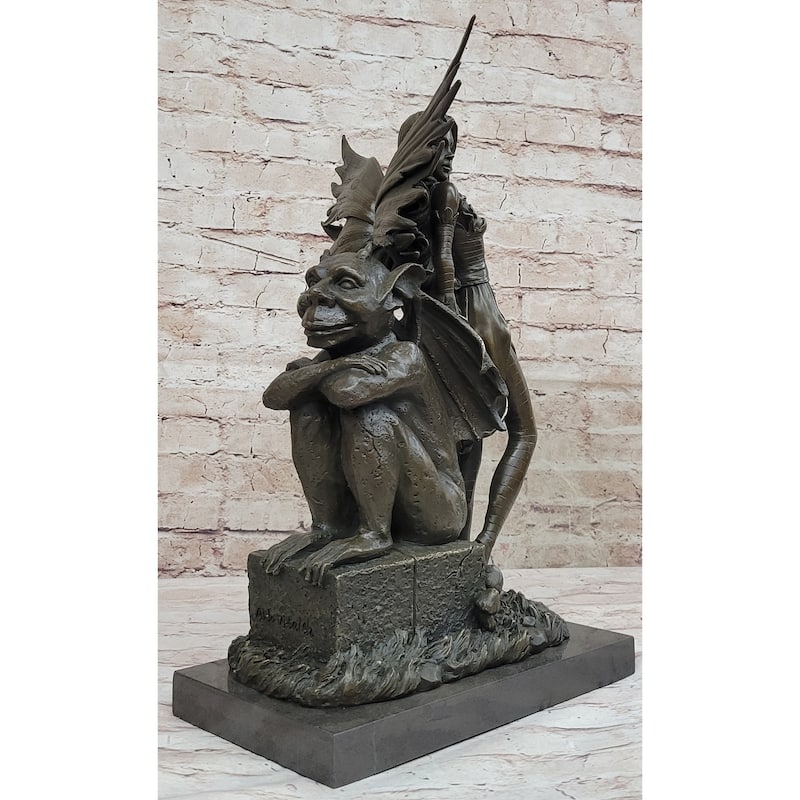 Art Deco Hot Cast Midnight Fairy With Gargoyle Bronze Sculpture Statue By Aldo Vitaleh