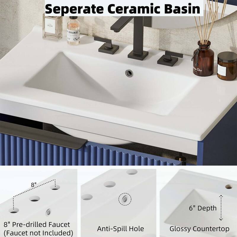 30 Inch Freestanding Bathroom Vanity with Ceramic Sink,Full-Extension Drawers,and Fluted Design